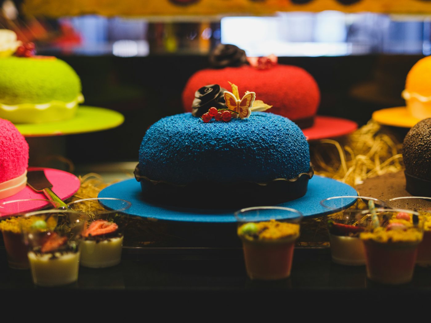 Decorated velvet mousse cakes